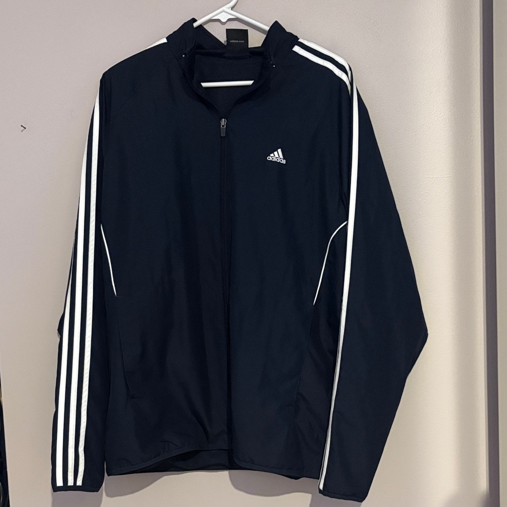 Adidas Men's Black Windbreaker with White Stripes